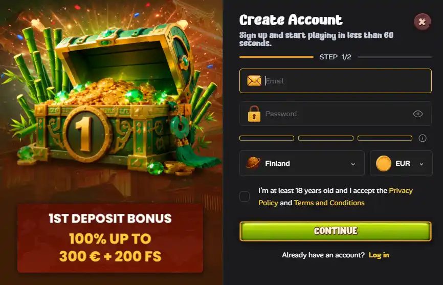 Current Asino registration entry interface showing the real account sign-up screen