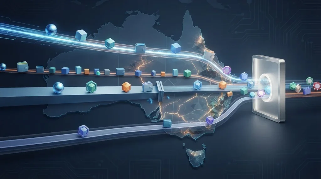 Crypto assets routed through several blockchain networks in an Australian payment context