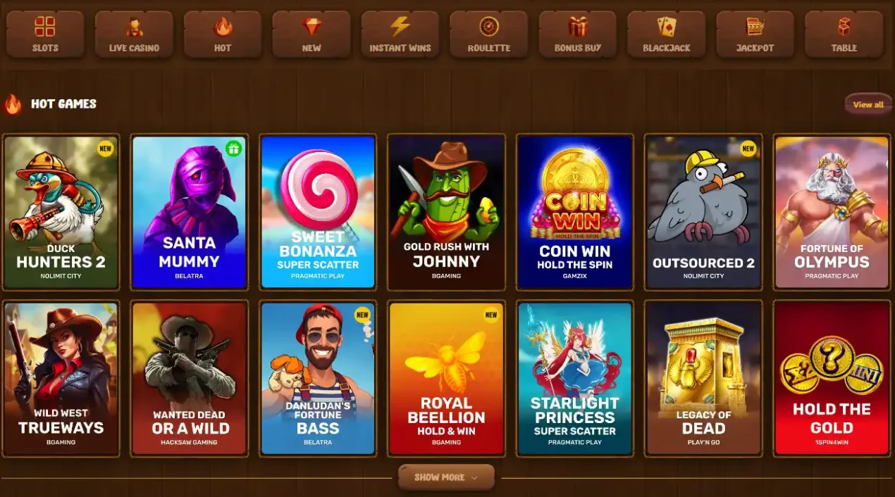 Current Asino casino lobby showing game navigation and casino product categories