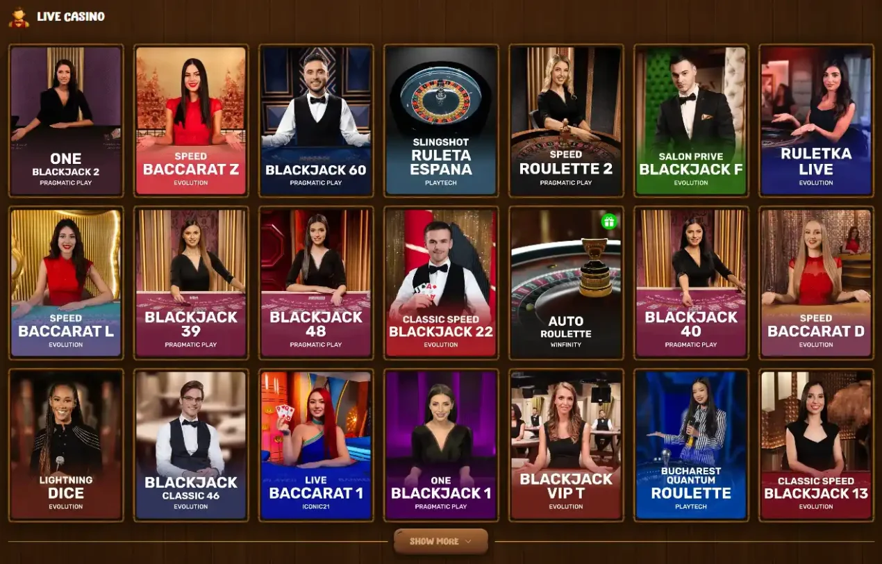 Current Asino live casino lobby showing real live tables and dealer-game navigation