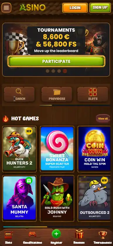 Asino website displayed in a mobile browser viewport