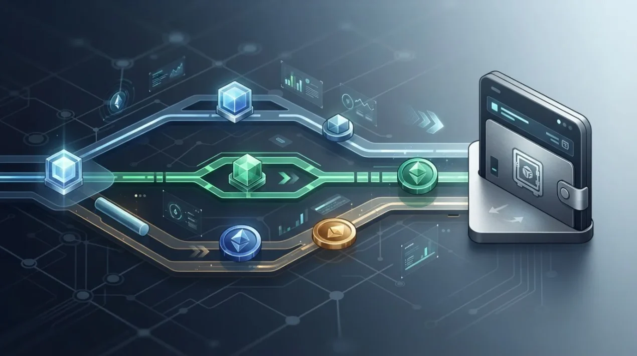 Crypto assets moving across several blockchain networks into a casino wallet