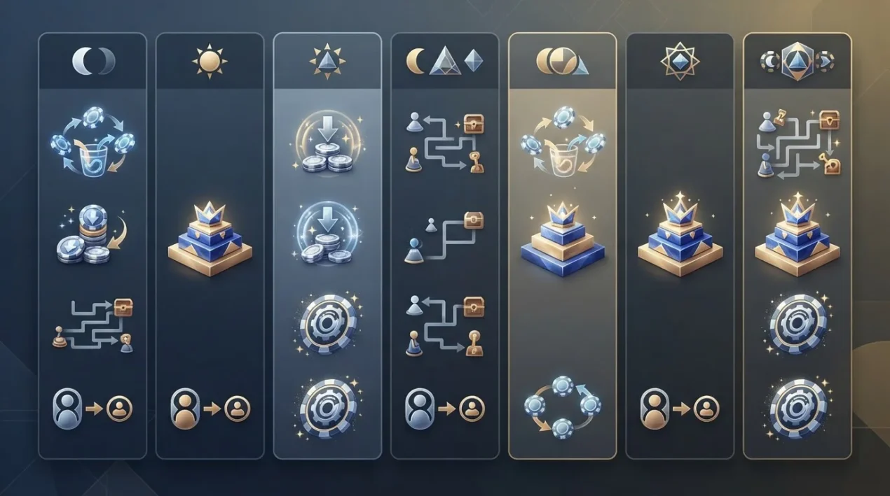 Illustration of a weekly casino promotion calendar organised by rakeback, cashback, quests, reloads and referral rewards
