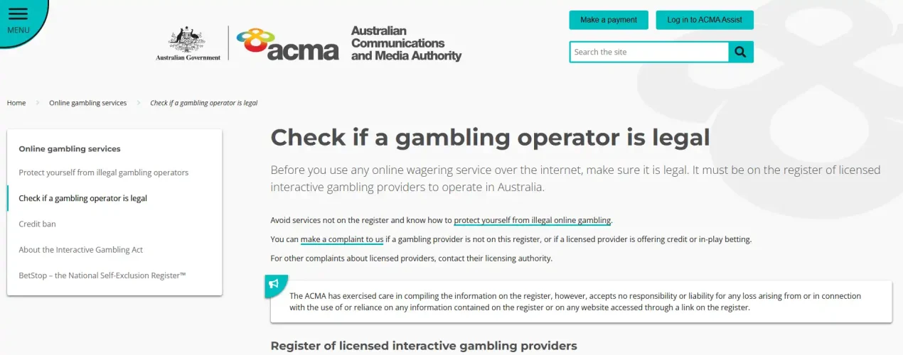 ACMA licensed interactive wagering register showing the official Australian operator-checking context
