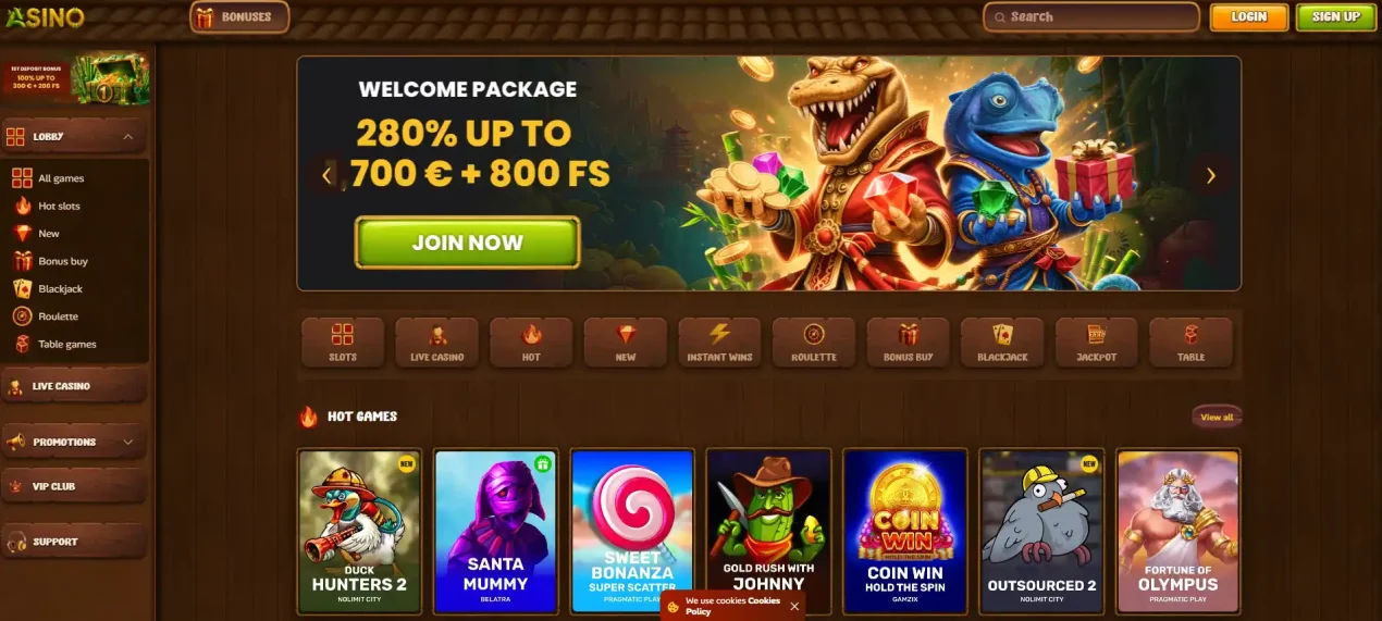 Asino casino website interface